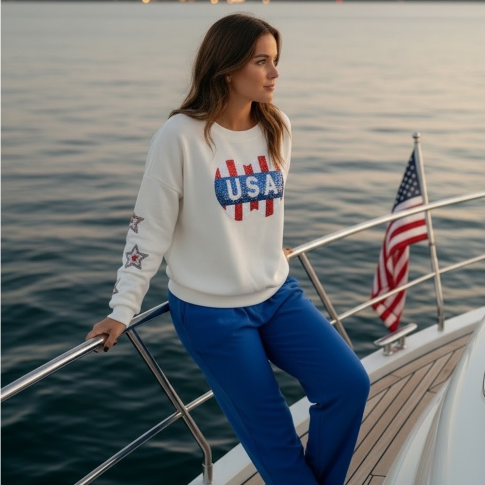 Simply Southern White USA Sequin Crewneck Sweatshirt